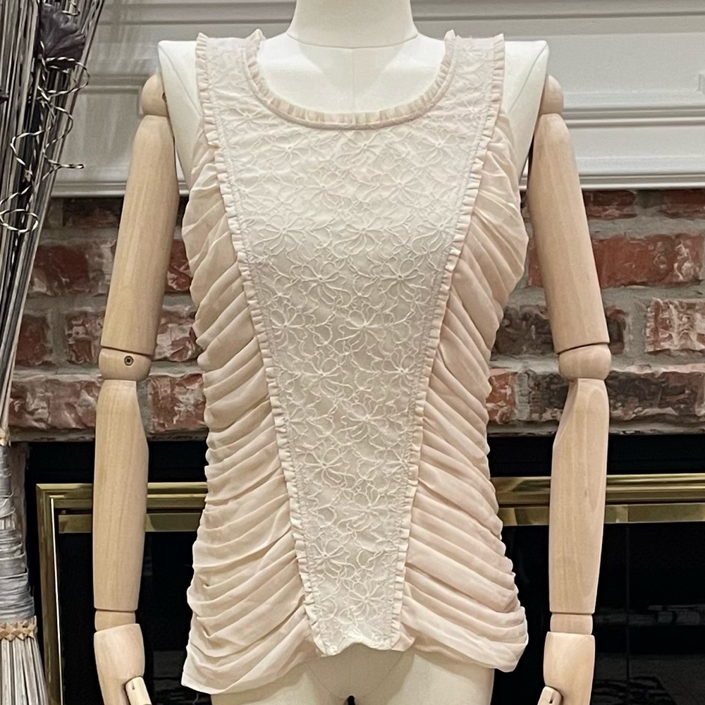 Kensie Cream Ruched Lace-Front Sleeveless Blouse-XS